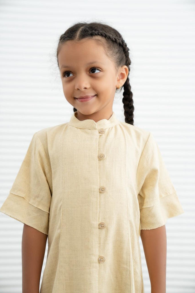 Kids Linen Button Down Dress- Butter Yellow