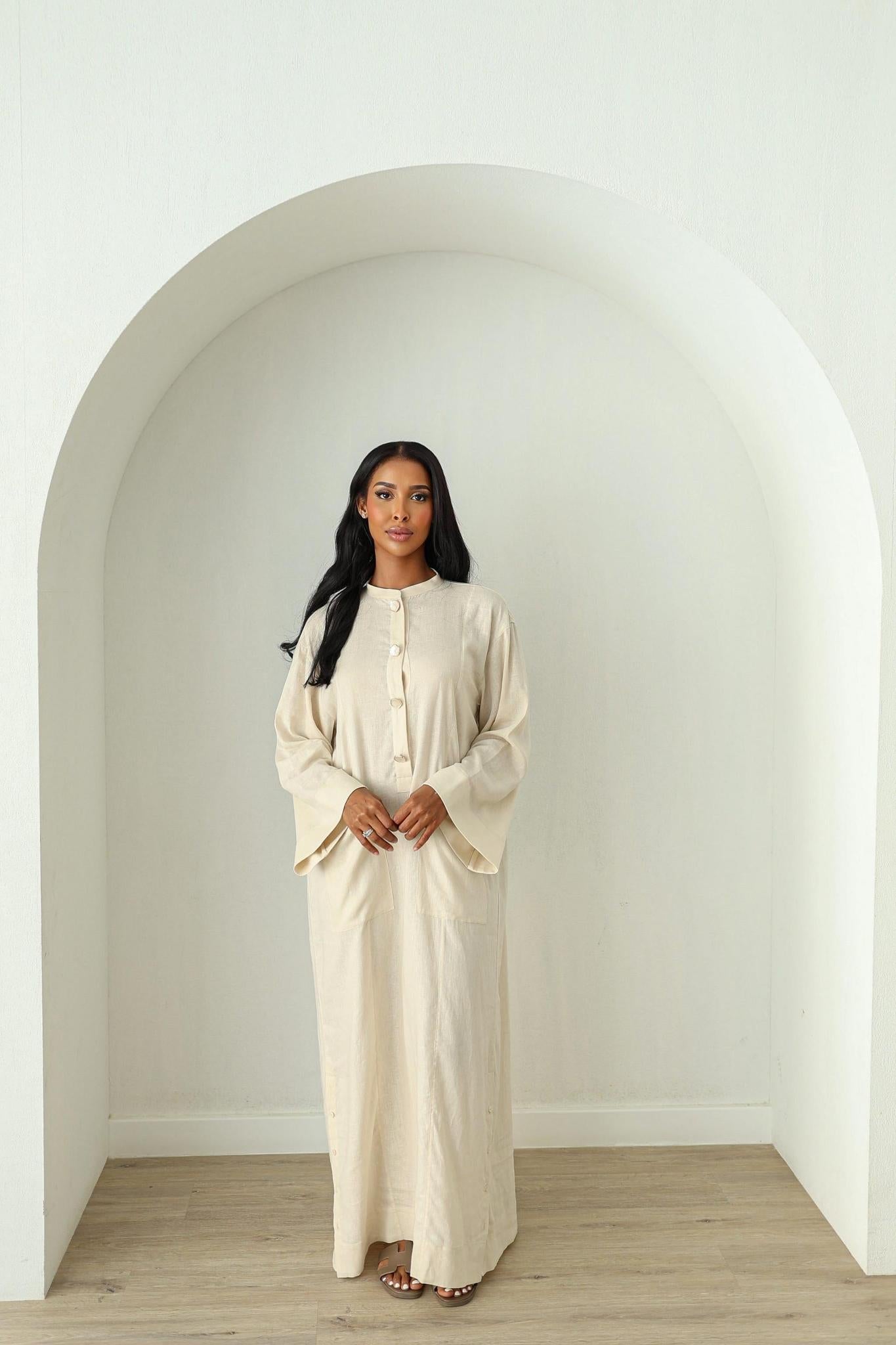 linen dress cream Lightweight short sleeve linen midi dress Cream Dress