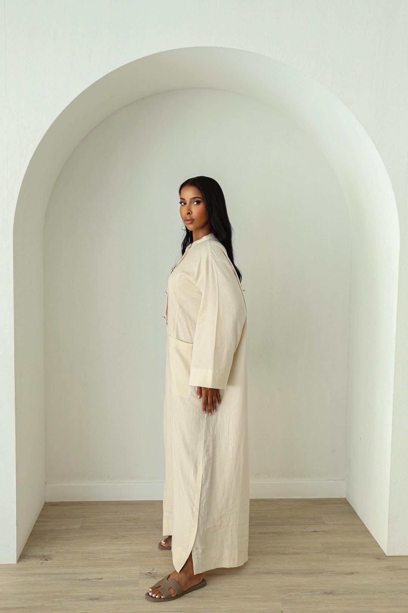 Linen Kaftan Dress- Cream - 56 / Women / Cream Linen Kaftan Dress- Cream - 56 / Women / Cream