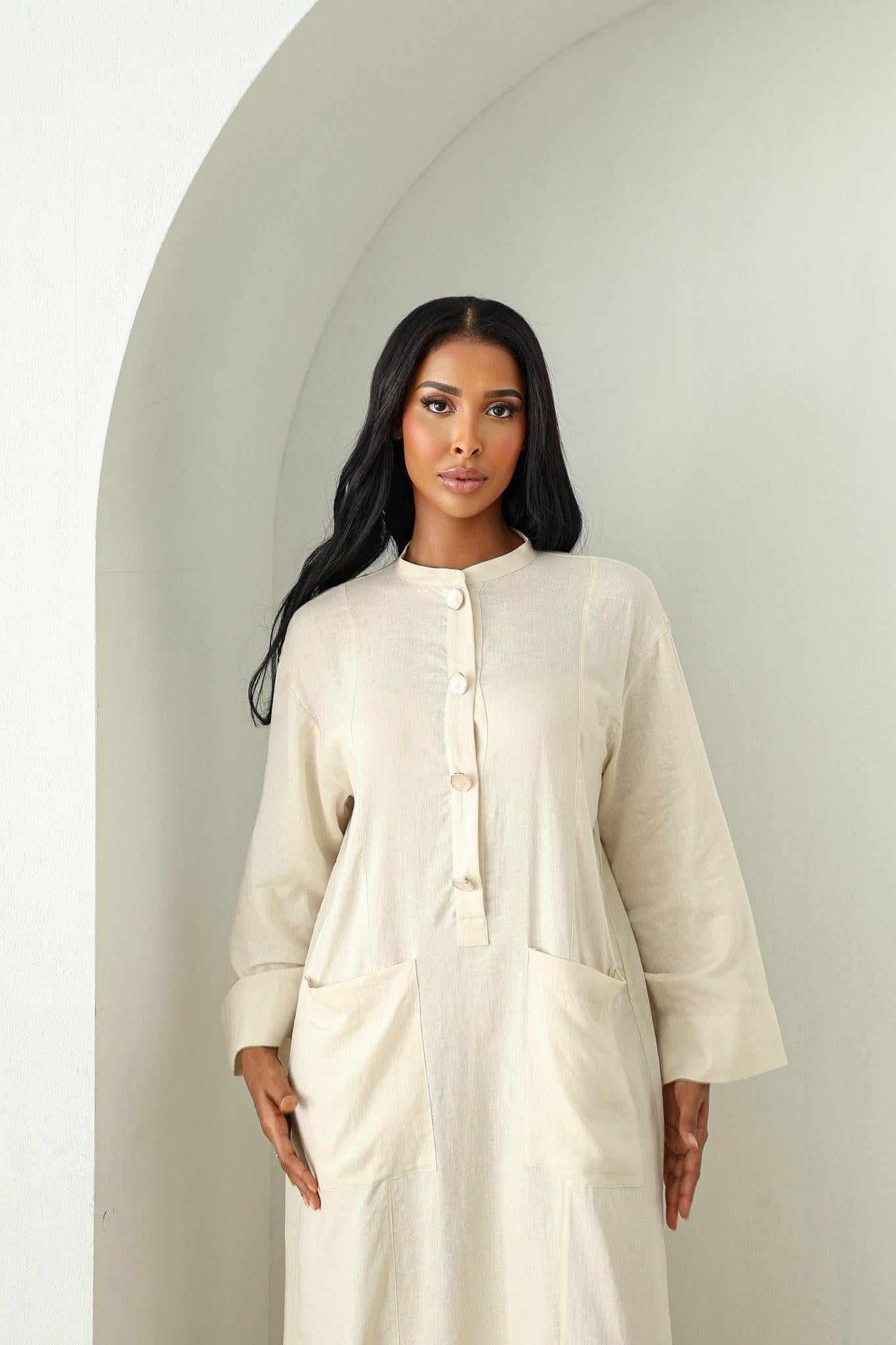 Linen Kaftan Dress- Cream - 56 / Women / Cream Linen Kaftan Dress- Cream - 56 / Women / Cream