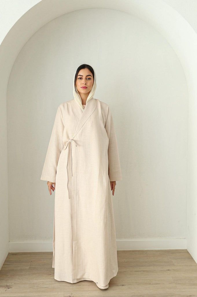 Linen Wrap Abaya - Cream Pinstripe