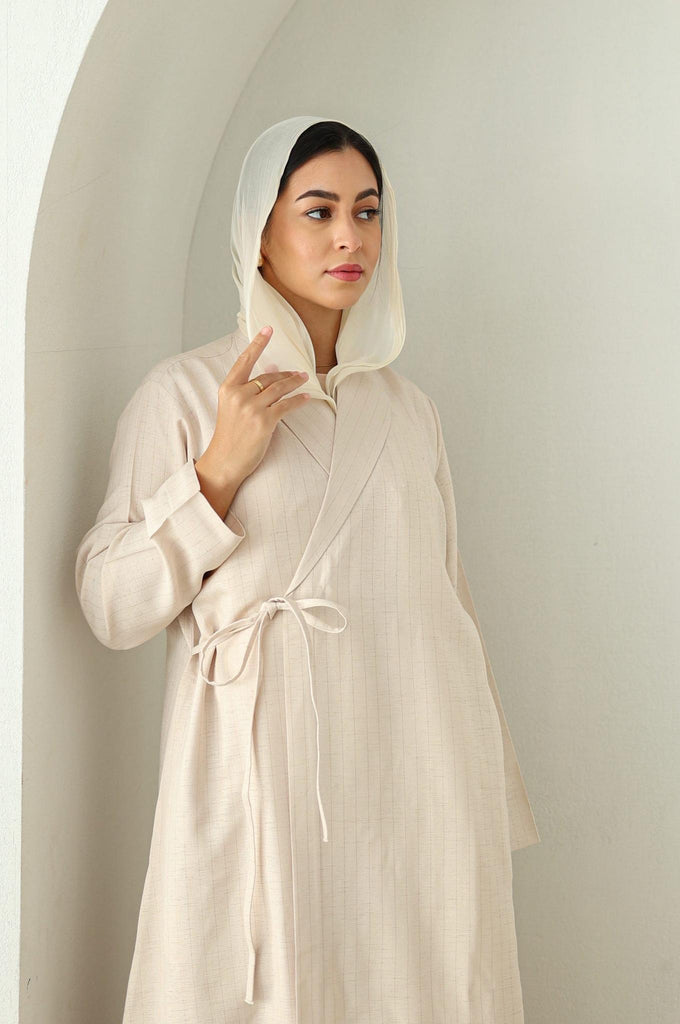 Linen Wrap Abaya - Cream Pinstripe