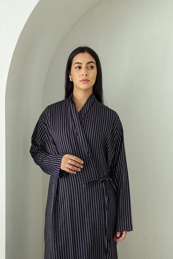 Linen Wrap Abaya - Navy Pinstripe