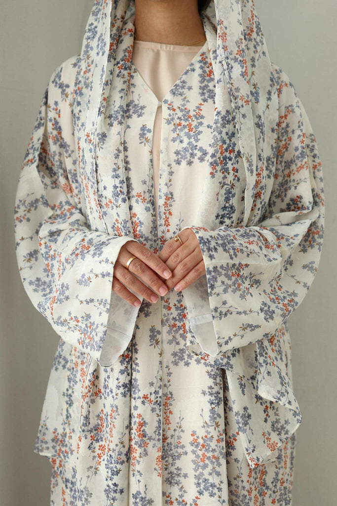 Printed Chiffon Abaya- Blue Gardens