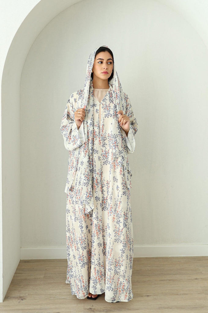 Printed Chiffon Abaya- Blue Gardens