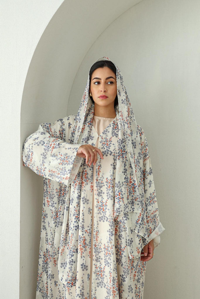 Printed Chiffon Abaya- Blue Gardens
