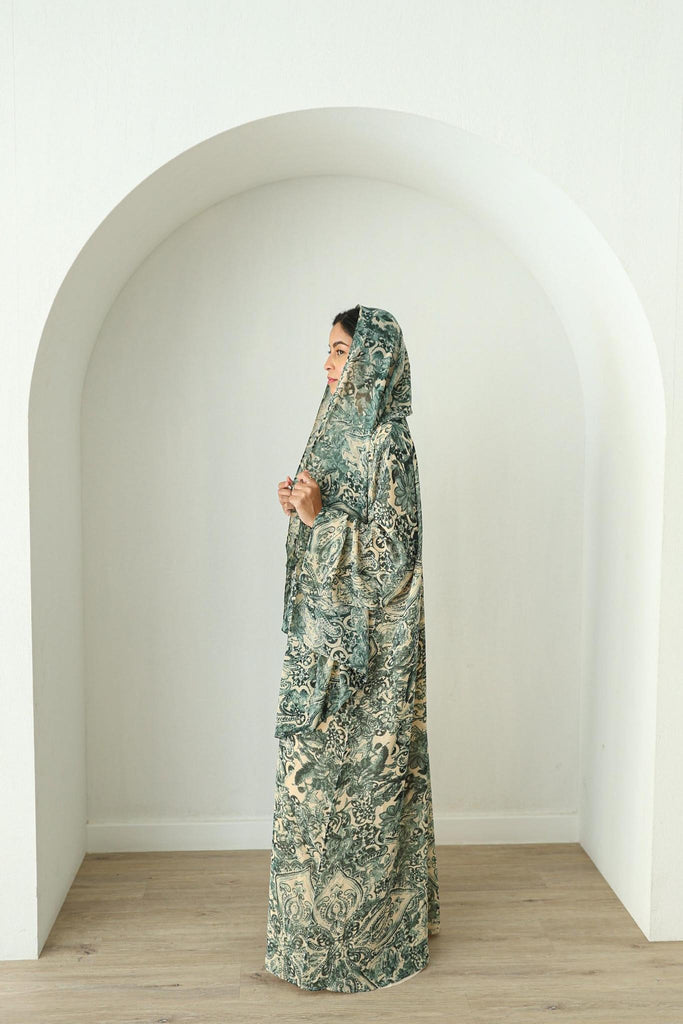 Printed Chiffon Abaya- Forest Green