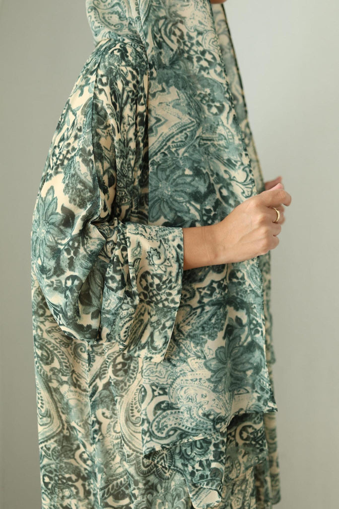 Printed Chiffon Abaya- Forest Green