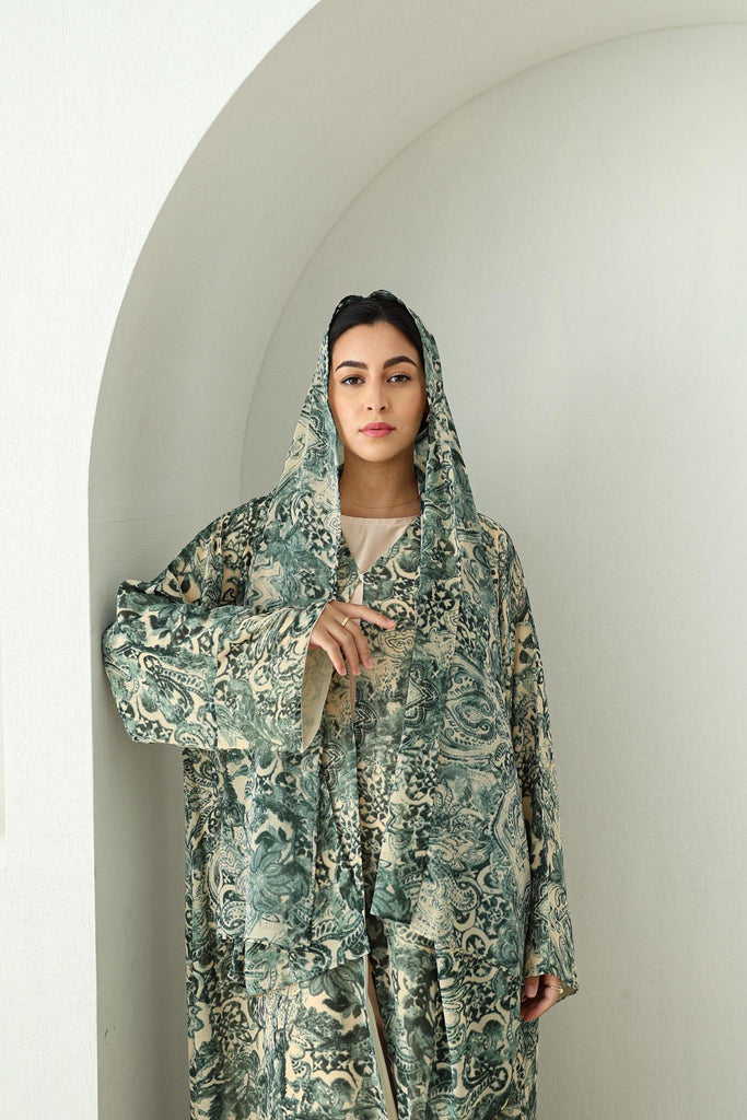 Printed Chiffon Abaya- Forest Green