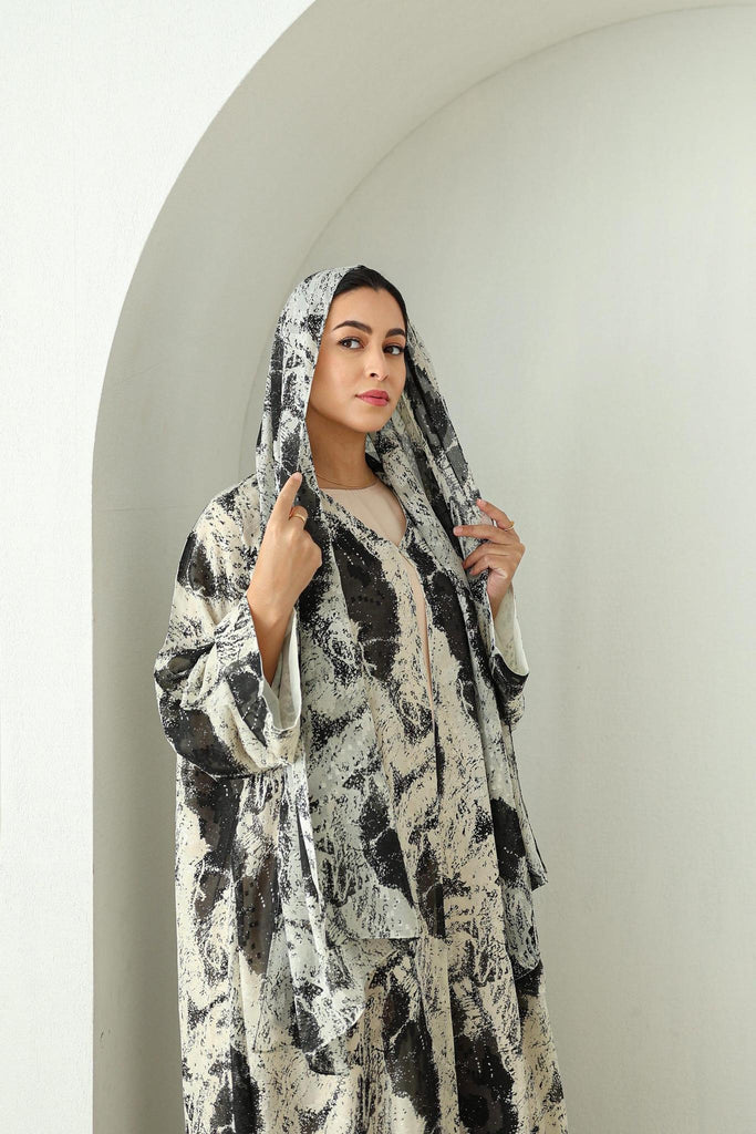 Printed Chiffon Abaya- Monochrome