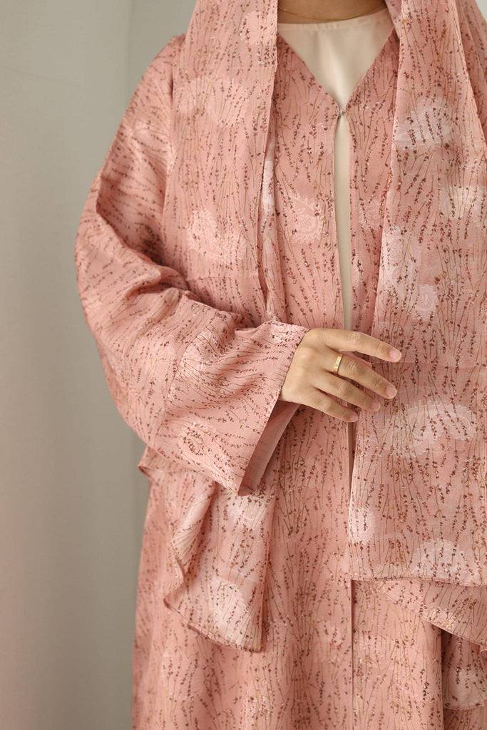 Printed Chiffon Abaya- Pink floral