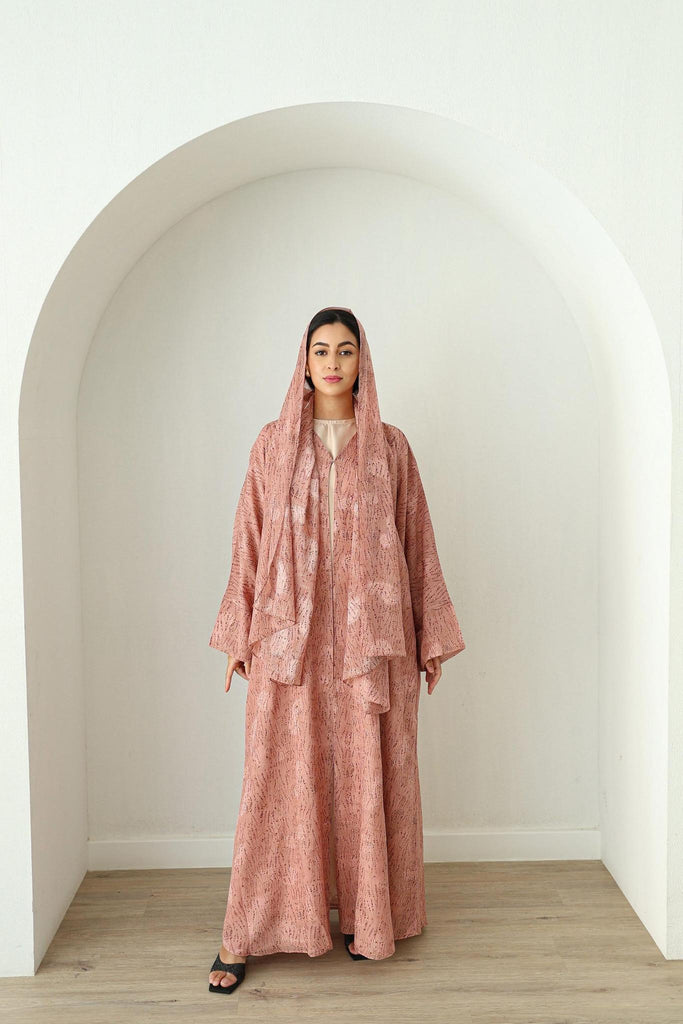 Printed Chiffon Abaya- Pink floral